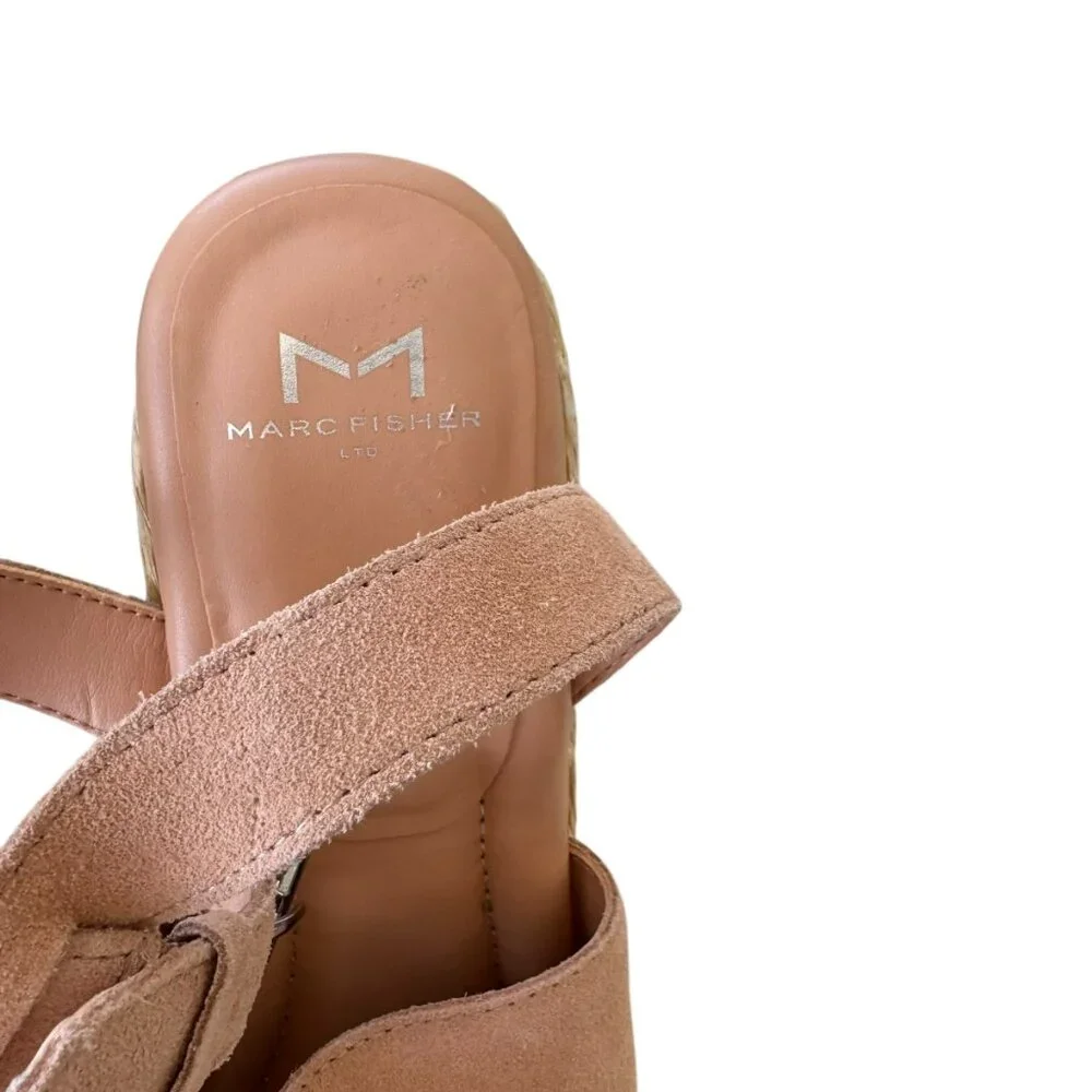 MARC FISHER Nelly Ankle Strap Wedge Espedrille Sandal In peach suede.  S…